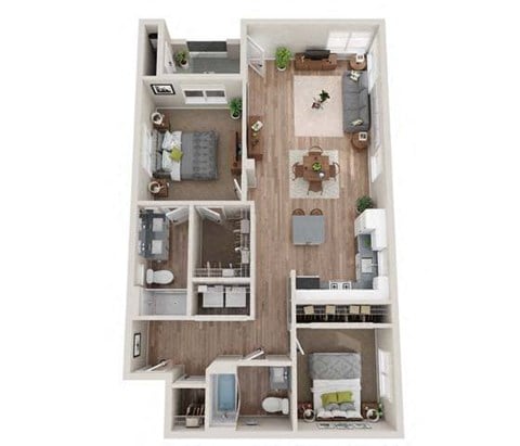 Floor plan for 2 beds, 2 baths, 1087 sqft
